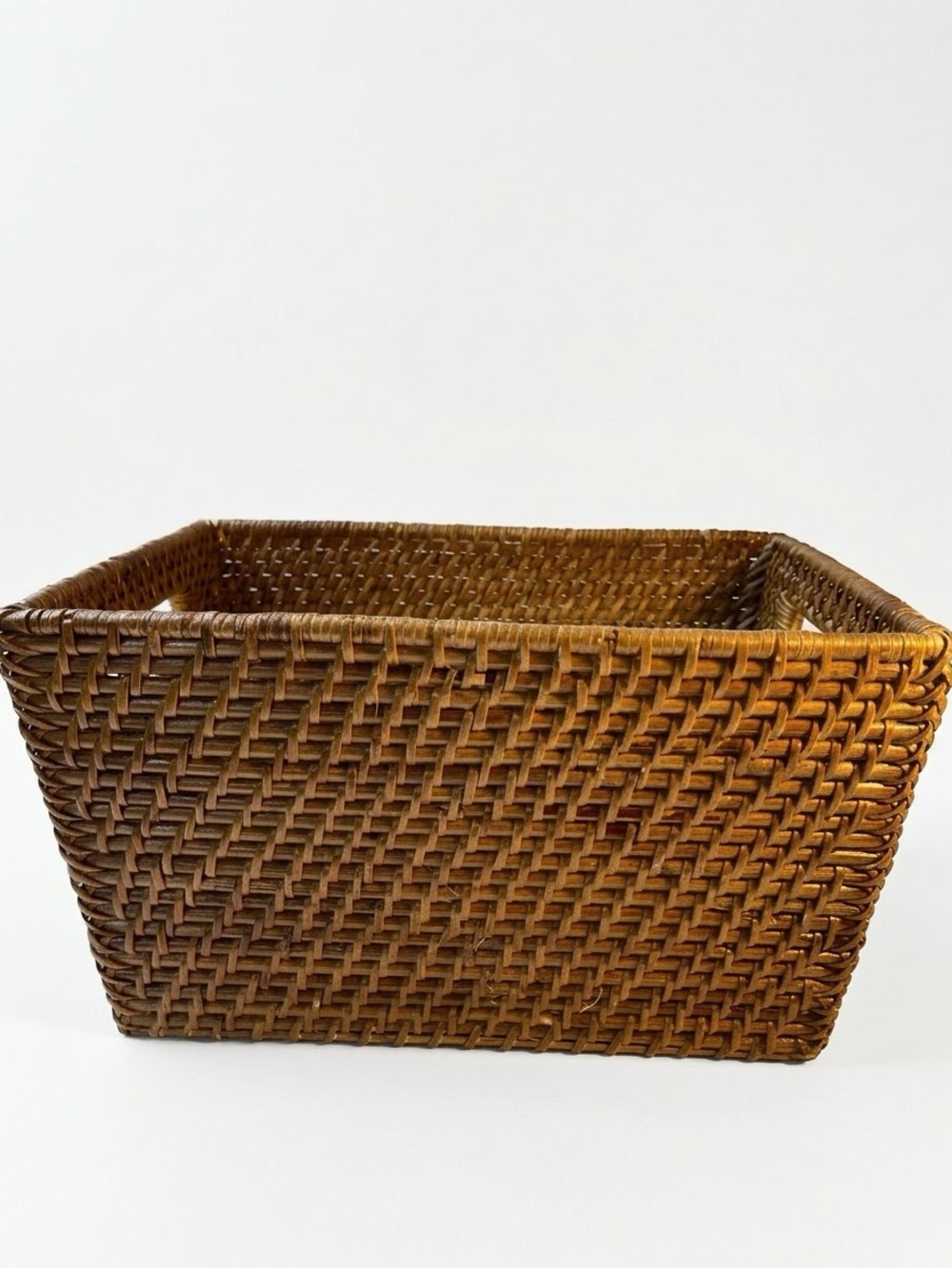 Vintage Mid Century Rattan Wicker Storage Basket Bin Boho Wood Bottom 12x8.5x7